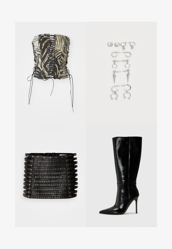 Fekete és bézs színű fűzőcsúcs, zebra mintával, fűzős elülső résszel, fém szemekkel és hosszú fekete szalagokkal az oldalán.; Fekete bőr miniszoknya vízszintes pántdíszítéssel, ezüst szegecsekkel a felső szélén és a függőleges oldalain.; Fekete bőrből készült, térd fölé érő csizmák hegyes orral és magas stiletto sarokkal. Simára csiszolt textúra és elegáns kivitelezés, minimális díszítéssel.; Ezüst fülbevalók készlete, különböző dizájnokkal: karikák, bedugós fülbevalók és lógó stílusok, golyós díszítésekkel és hegyes elemekkel.