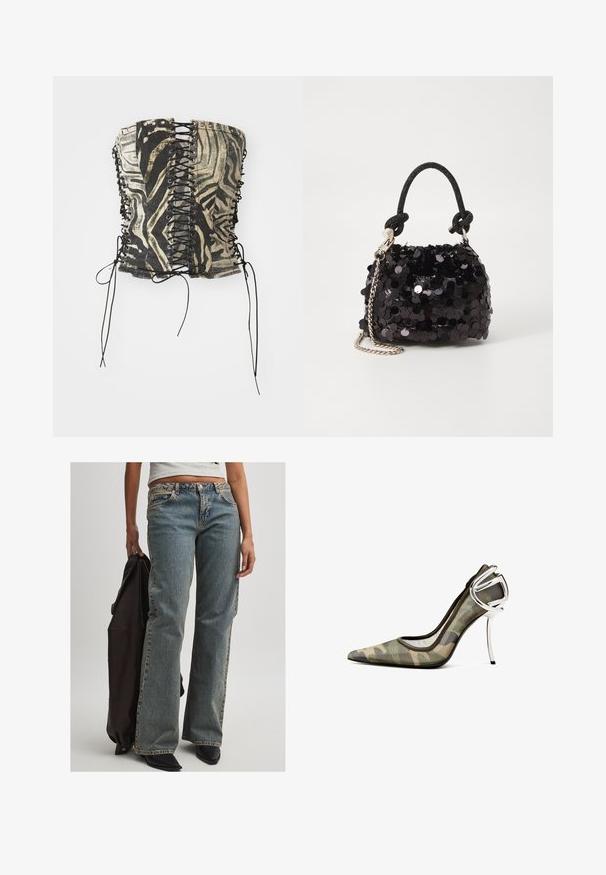 Czarny i beżowy gorset w paski zebry, z przodem ze sznurowaniem, metalowymi oczkami i długimi czarnymi sznurkami po bokach.; Jasnoniebieskie dżinsy o luźnym kroju, z średnim stanem, widocznymi szwami i klasycznym pięciopocketowym wzorem. Pojawiają się również czarne obuwie i ciemna kurtka.; Sandały na wysokim obcasie w kamuflażowym wzorze z przezroczystą siateczką na górze, spiczastym noskiem i metalicznym srebrnym akcentem na obcasie.; Czarna mini torebka z cekinami, z węzłowym, teksturowanym paskiem i srebrnym łańcuchem. O zaokrąglonym kształcie z marszczoną górą i refleksyjnymi detalami.
