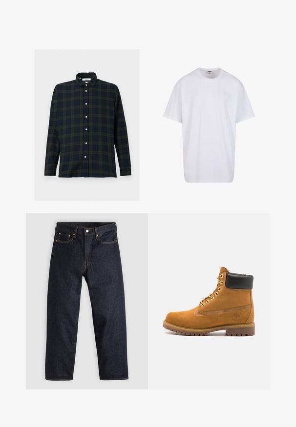 Camicia a maniche lunghe a quadri in verde scuro e blu navy, realizzata in cotone, con colletto all'italiana e patta dei bottoni frontale.; Maglietta bianca in cotone con maniche corte, scollatura rotonda, vestibilità comoda e senza loghi o motivi visibili. Texture liscia e design minimale.; Jeans in denim blu scuro con taglio dritto, cinque tasche, cuciture arancioni a contrasto e chiusura con bottone. Nessun motivo o decorazione visibile.; Stivale alla caviglia in suede tan con collare imbottito nero, occhielli in metallo dorato, dettagli in cucitura bianca e suola in gomma robusta con battistrada pronunciato.