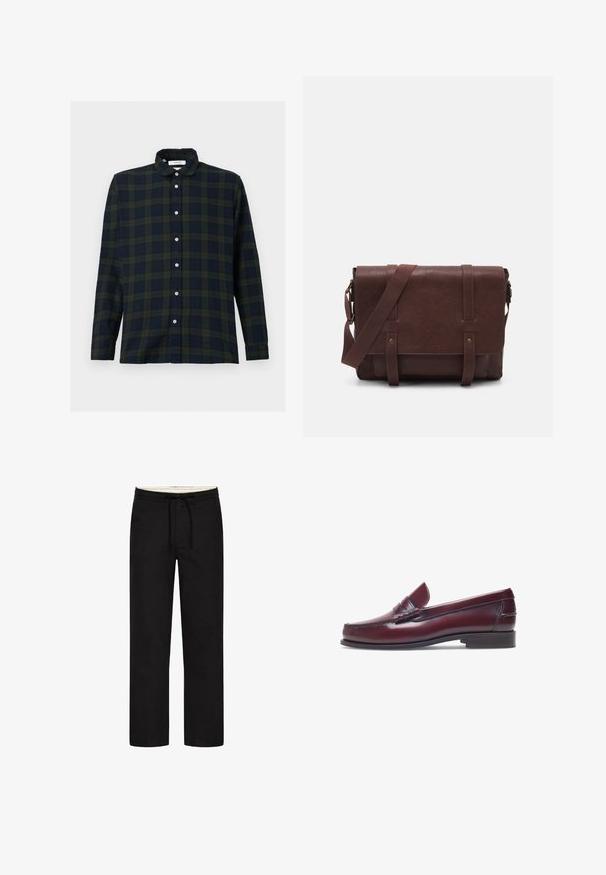 Langdurige, gestreepte overhemd met lange mouwen in donker groen en marineblauw, gemaakt van katoen, met een button-down kraag en voorste knopenrij.; Zwarte rechte broek met een elastische tailleband, aantrekkoord en een bescheiden ontwerp. Zachte stoftextuur. Geen zichtbare patronen of accenten.; Bordeaux leren instapper met een ronde neus, gestikte details en een kleine decoratieve accent op de schacht. Platte, contrasterende zool.; Bruine lederen schoudertas met een platte voorflap, twee banden, gouden hardware-accenten en een verstelbare schouderband.