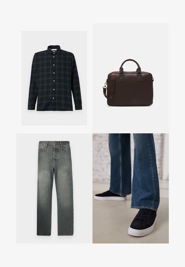 Dlhý rukáv károvaná košeľa v tmavozelenej a námorníckej modrej farbe, vyrobená z bavlny, s koľkom na zapínanie a predným zapínaním na gombíky.; Jack & Jones JJIALEX JJCOOPER - Džínsy baggy - black denim; Tmavomodré semišové tenisky s bielou gumovou podrážkou a šnúrkami, skombinované so širokými džínsami v strednej modrej farbe.; Hnedá kožená taška na laptop s textúrovaným povrchom, dvojitými hornými uchami, nastaviteľným popruhom a dvoma prednými prackami pre pridaný detail.