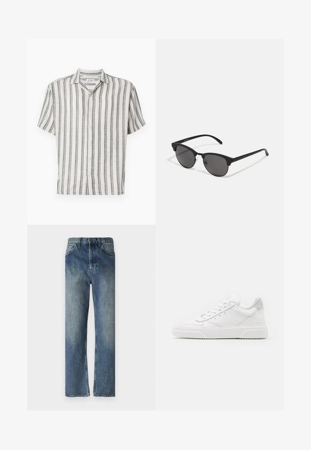 Korte ermelige skjorte i creme med lodrette sorte striber. Har en krave og fem knapper langs forsiden. Struktureret stof.; Blå denimjeans med lige ben, der har en falmet vask, bæltestropper, forlommer og en enkelt baglomme.; Hvide lædersneakers med en glat finish, rund tå, flade snørebånd og en struktureret sål. Grå ruskindsdetalje ved hælen.; Sorte solbriller med runde linser, mat finish og karakteristisk katteøje-form. Slanke arme med subtil branding på venstre stel.