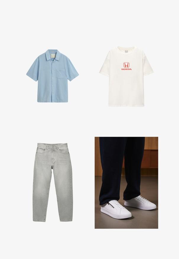 Jasnoniebieska koszula z krótkim rękawem, wykonana z fakturowanej tkaniny, z kołnierzykiem, zapięciem na guziki z przodu oraz małą kieszonką na lewym piersi.; Biała bawełniana koszulka z krótkim rękawem. Posiada czerwone logo "HONDA" nad prostokątnym emblematem na środku. Prosty, klasyczny design.; Jasnoszare dżinsy o luźnym kroju, średnim stanie, pięciu kieszeniach i prostych nogawkach. Gładka tekstura z delikatnym wyblaknięciem.; Białe sneakersy z gładką skórzaną powierzchnią, płaską podeszwą i sznurowanym fasonem. Dodatkowy zamek po boku zwiększa funkcjonalność. Połączone z ciemnymi joggerami.