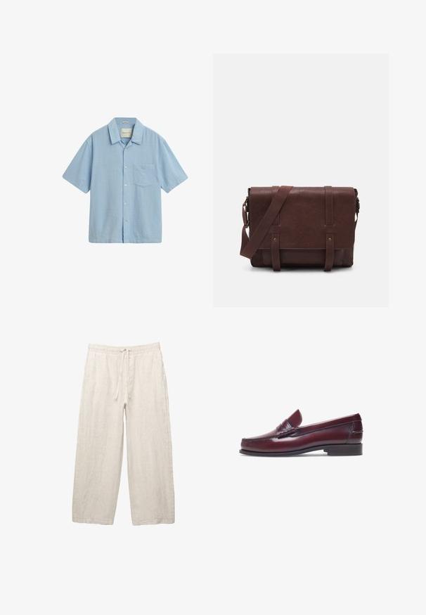 Camicia azzurro chiaro a maniche corte realizzata in tessuto testurizzato, con colletto, chiusura frontale con bottoni e una piccola tasca sul lato sinistro del petto.; Pantaloni in lino di colore beige chiaro, con una vita elastica e cordoncino, design a gamba larga e tasche laterali. Texture liscia.; Mocassino in pelle bordeaux con punta tonda, dettagli cuciti e un piccolo accentu decorativo sulla tomaia. Suola piatta in contrasto.; Borsa a tracolla in pelle marrone con un davanti piatto, due cinghie, dettagli in metallo dorato e una tracolla regolabile.