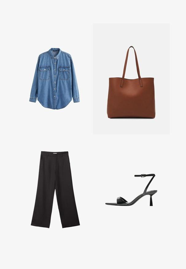 Hellblaues Denim-Hemd, lange Ärmel, klassischer Kragen, zwei Brusttaschen mit Druckknöpfen, abgerundetem Saum und sichtbaren Nähdetails.; Schwarze weite Hosen aus glattem Stoff, mit einem Reißverschluss vorne und zwei seitlichen Taschen, maßgeschneiderter Passform und minimalistischem Design.; Bershka High Heel Sandalette - black; Braune Leder-Tote mit glatter Textur, offenem Oberteil und zwei Schulterriemen. Verfügt über minimale Nähte und keine sichtbaren Beschläge.