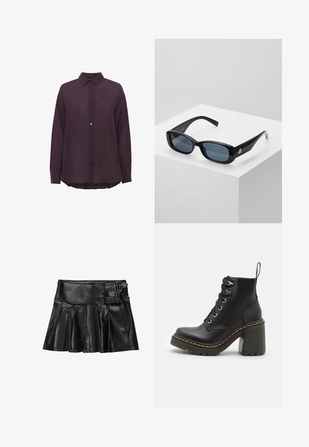 Long-sleeve, deep purple button-up shirt with a pointed collar, featuring a textured fabric and slightly curved hemline. Buttons are matching in color.; Black leather skirt with pleats, wide waistband, and two buckle accents on the side. Smooth texture with a glossy finish.; Black leather ankle boot featuring a chunky high heel, lace-up front, metal eyelets, and yellow stitching along the sole. Textured rubber outsole.; Black rectangular sunglasses with tinted blue lenses, thick frames, and a gold circular accent on the side. Sleek, shiny finish.; Burgundy handbag made of synthetic material with a structured design, featuring a detachable strap and a floral-patterned scarf tied to the handle.