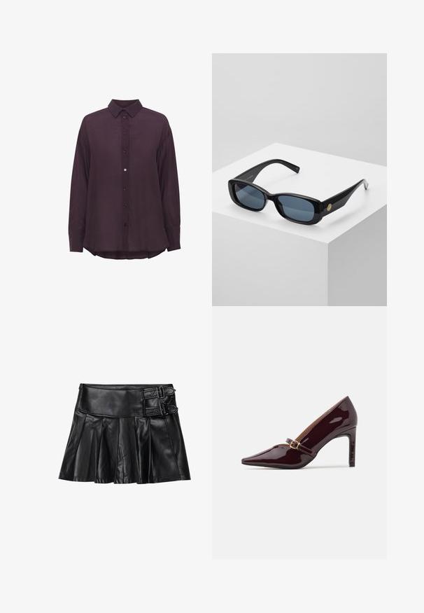 Długosleeve, ciemnofioletowa koszula zapinana na guziki z kołnierzykiem w kształcie spiczastym, z teksturowanej tkaniny i lekko zaokrąglonym dołem. Guziki w dopasowanym kolorze.; Czarna skórzana spódnica z plisami, szerokim pasem i dwoma detalami w postaci klamer z boku. Gładka faktura o błyszczącym wykończeniu.; Patentowe bordowe szpilki z ostrym noskiem, paskiem na kostce z złotym wykończeniem oraz gładkim, wypolerowanym wykończeniem. Wysokobrożna szpilka.; Czarne prostokątne okulary przeciwsłoneczne z przyciemnionymi niebieskimi soczewkami, grubymi ramkami i złotym okrągłym akcentem po boku. Gładkie, błyszczące wykończenie.; Burgundowa torebka wykonana z materiału syntetycznego, o strukturalnym designie, z odpinanym paskiem i chustą w kwiatowy wzór związaną na uchwycie.