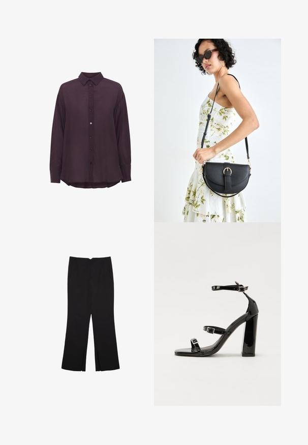 Langarm, diep paarse button-up shirt met een puntige kraag, gemaakt van een textuurstof en met een licht gebogen zoom. De knopen zijn in dezelfde kleur.; Zwarte broek met een rechte pasvorm, voorzien van zijzakken en plooien aan de onderzijde. Gemaakt van zachte, gladde stof. Geschikt voor verschillende gelegenheden.; Zwarte patent lederen sandalen met hoge hakken, twee gespenbanden, een vierkante neus en een stevige blokhak, met een gladde, glanzende textuur.; Zwarte leren handtas met een gebogen vorm, afneembare schouderband en gouden hardware. De tas heeft een klep met een gespsluiting.