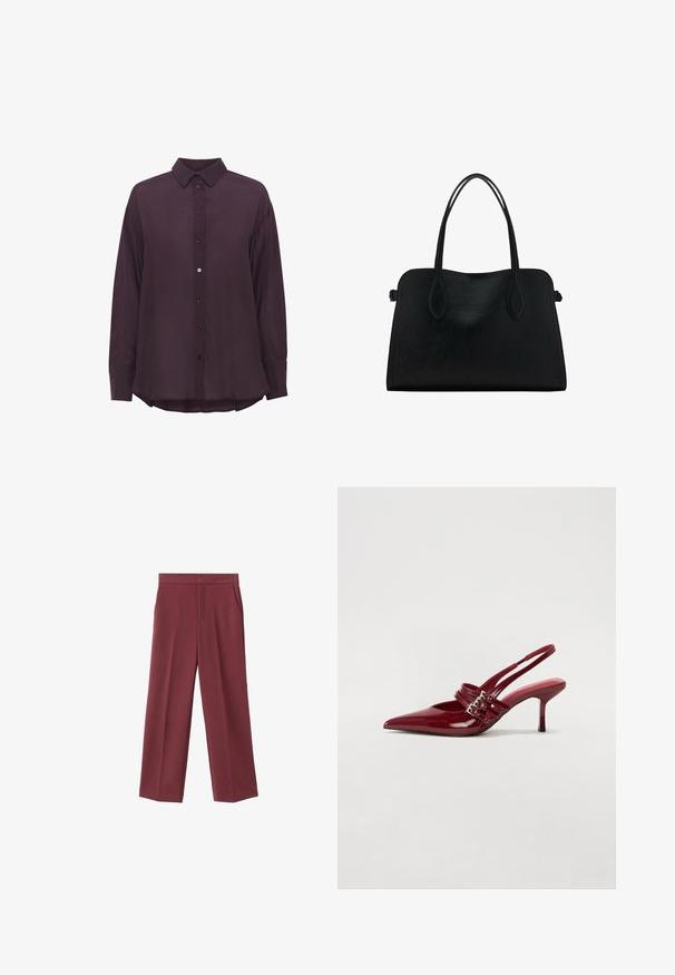 Dolga rukava, temno vijolična srajca z gumbi in koničastim ovratnikom, ki ima teksturirano tkanino in rahlo ukrivljen rob. Gumbi so v usklajeni barvi.; Maroonske široke hlače z gladko teksturo, ki imajo stranske žepke in visok pas. Prilagojene z čistim sprednjim pregibom.; Rde lakirane sandalete na peto s ostrim nosom, dvema sponkami in tanko, srednje visokim peto središče. Gladka tekstura.; Črna usnjena torbica z dvema naramnima trakoma, pravokotne oblike in minimalističnim dizajnom na beli podlagi.