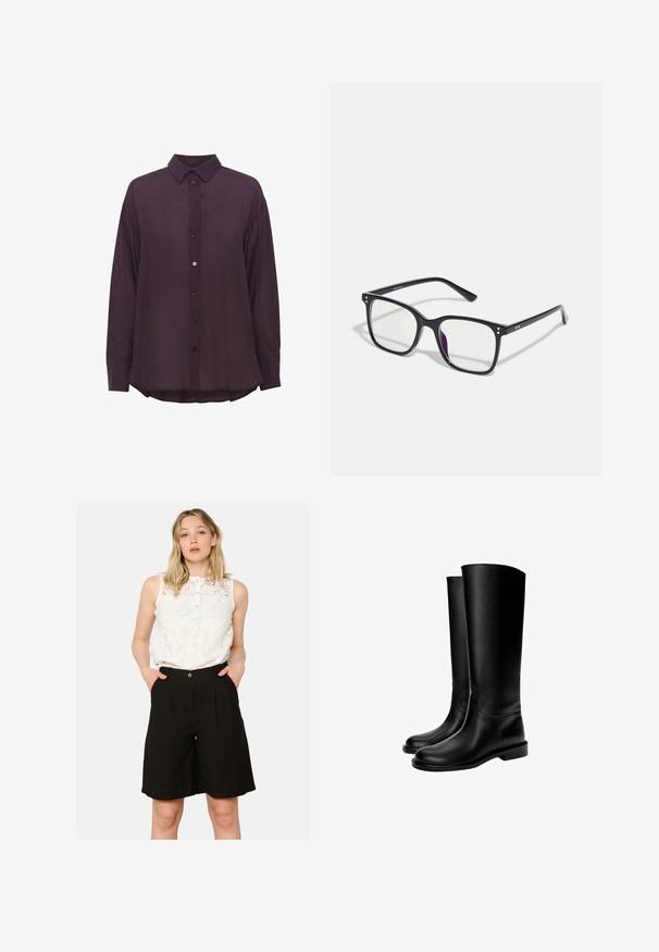 Langärmliges, dunkelviolettes Hemd mit Knopfleiste und spitzem Kragen, aus strukturiertem Stoff gefertigt und mit leicht abgerundetem Saum. Die Knöpfe sind farblich abgestimmt.; Weiße Spitzentop ohne Ärmel mit Knopfkragen, kombiniert mit hochgeschnittenen schwarzen Shorts mit seitlichen Taschen und lockerer Passform.; Schwarze knielange Lederstiefel mit glatter Textur, runder Zehenform, flacher Sohle und minimalistischem Design, mit genähten Nähten und ohne sichtbare Beschläge.; Schwarze rechteckige Brille mit klaren Gläsern, die goldene Akzente im Rahmen aufweist und einen leichten lila Schimmer auf einem der Gläser hat.; Schwarze, glatte Leder Schultertasche mit abgerundetem Deckel, einem einzigen Trageriemen, Reißverschlussverschluss und kleinem silbernen Logo-Emblem in der Mitte vorne.