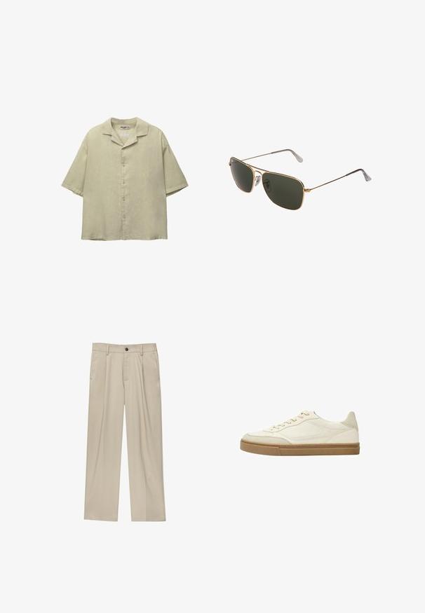 Svetle zelená košile s krátkým rukávem vyrobená z lnu, s výstřihem do V, zapínáním na knoflíky a volným střihem. Hladká, texturovaná tkanina.; Béžové kalhoty klasického střihu, se jedním černým knoflíkem, poutky na opasek a bočními kapsami. Hladká textilie a minimalistický design.; Bílé kožené nízké tenisky s béžovými akcenty a texturovanou gumovou podrážkou. Obsahují tónové prošívání a zaoblený design špičky.; Zlaté kovové pilotky s velkými tmavě zelenými čočkami, s tenkým rámem a transparentními nosními polštářky pro pohodlí.