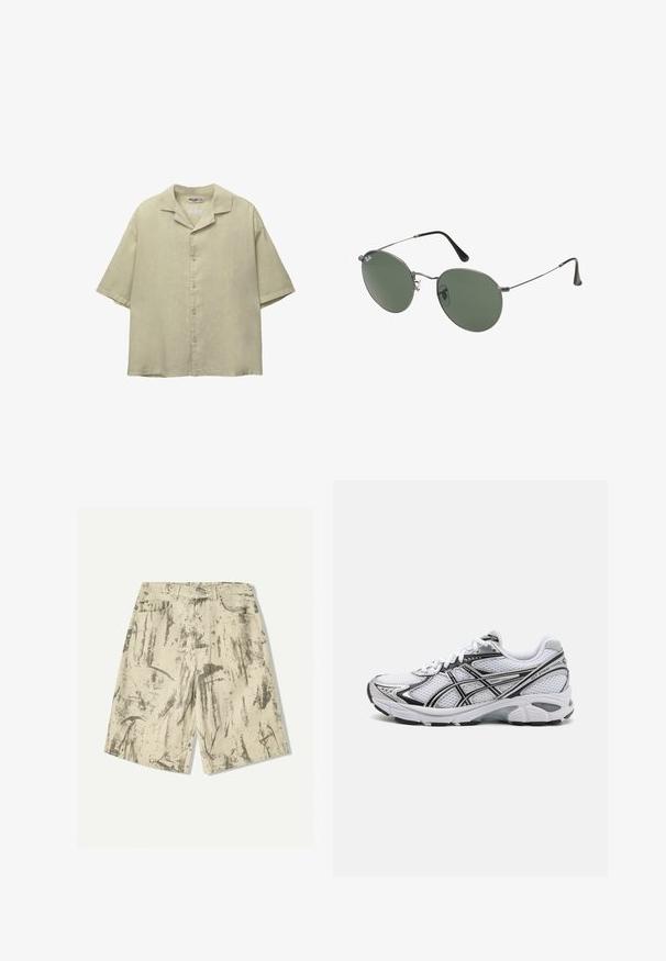 Camicia verde chiaro a maniche corte realizzata in lino, con colletto a punta, chiusura con bottoni e una vestibilità rilassata. Tessuto liscio e testurizzato.; Pantaloni corti beige in denim con un design astratto grigio texturizzato, dotati di due tasche frontali e una chiusura a bottoni classica.; Scarpa sportiva bianca con tomaia in rete, dettagli neri e particolari argentati. Presenta una suola ammortizzata e un design con lacci per supporto.; Occhiali da sole con montatura in metallo e lenti verdi ovali. Montatura sottile in metallo argento e terminali neri. Design minimalista, senza loghi visibili.