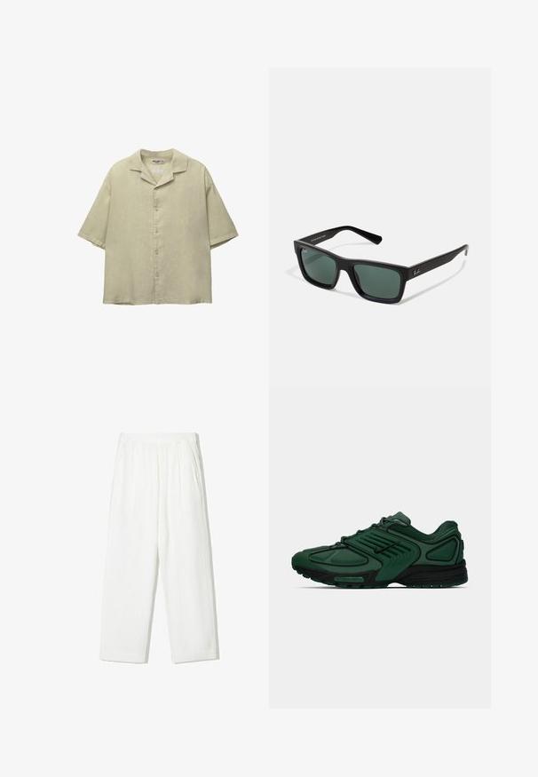 Lichtgroen kortemouwen overhemd van linnen, met een ingesneden kraag, knoopsluiting en een losse pasvorm. Gladde, gestructureerde stof.; Witte, wijde broek gemaakt van textiel met structuur. Bevat een elastische tailleband en twee zijzakken. Casual, losse pasvorm.; Donkergroene Nike hardloopschoen met zwarte accenten, bovenwerk van mesh, veters en een full-length Nike Air zool op een witte achtergrond.; Zwarte rechthoekige zonnebril met groene lenzen, voorzien van een matte afwerking, rechte pootjes en het Ray-Ban-logo aan de zijkant.