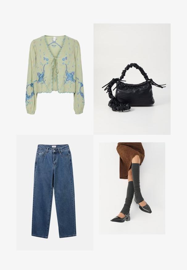 Lysegrønn cropped bluse med lange ermer, blå blomstermønster, bølgekant og knytelukking foran.; Klassiske blå denimjeans med rett ben-design, fem lommer og knappelukking. Har en middels vask og solid tekstur.; Sorte lakkpumps med spiss tå, blokkhel, og ankelstropp, kombinert med grå ribbestrikkede beinvarmere og et brunt semsket skinn skjørt.; Svart faux skinn-håndveske med krokodilletekstur, strammet topp og en rynket stropp. Ser myk og kompakt ut i designen.