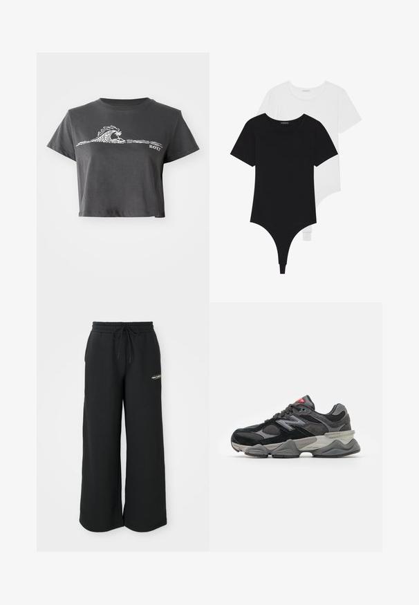 Dark gray cropped T-shirt with white stylized wave, palm tree graphic, and "ROXY" text on the front.; Black and white short-sleeve bodysuits with round necklines and thong bottoms, made from smooth, stretchable fabric.; Black wide-leg sweatpants made of soft fabric, featuring an elastic waistband with drawstring and a small logo on the left side.; Black and gray sneaker with a mix of suede and mesh materials, thick sole, prominent logo, and red accent on the tongue.