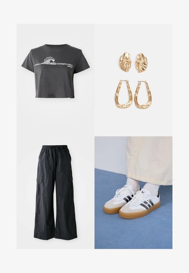 Tumši pelēks saīsināts T-krekls ar baltu stilizētu viļņu, palmas grafiku un "ROXY" tekstu priekšā.; Melnas kravas bikses, kas izgatavotas no viegla auduma, ar platām kājām, elastīgu jostu un vairākām sānu kabatām. Vienkāršas un funkcionālas.; Baltas sporta apavi ar melnām svītrām un beisīgo zamšādu akcentiem. Ievies struktūrētu gumijas zoli un izkārtotas baltas šnerves, valkāti ar gaišiem zeķēm.; Zelta krāsas auskari ar teksturētām, viļņotām formām. Iekļauts skulpturāls piespraužams modelis un atvērta gredzenveida konstrukcija ar izsistām virsmām.