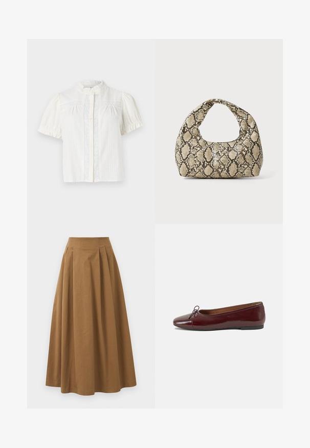 Balta trumpa rankovėmis bluzonė su aukštu apykakle, sagų užsegimu ir vertikalių juostelių raštu, kuriame yra nėrinių detalės priekyje.; Ruda medvilninė A formos sijonas su aukštu liemeniu, puikuojantis klostėmis priekyje ir lygia tekstūra. Apdailos kraštai yra švarūs ir paprasti.; Bordo lakiotos odos baleto bateliai su apvalia nosimi, maža kaspinėlio akcentu priekyje ir žema juoda guma padanga. Lygi tekstūra.; Gyvatės rašto rankinė su kreiviu rankenėle. Pagaminta iš tekstūruotų smėlio ir rudos spalvos medžiagų, su išskirtiniu rombo raštu.