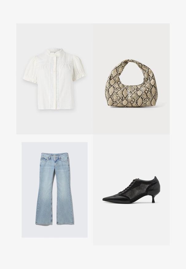 Biela blúzka s krátkym rukávom, vysokým golierom, zapínaním na gombíky a vertikálnym prúžkovaným vzorom s čipkovými detailmi pozdĺž prednej časti.; Weekday NOVA - Slimfit džínsy - lip blue; Čierna topánka s ostrou špičkou a sieťovaným panelom, s nízkym opätkom a šnurovaním vpredu. Vyrobená z kombinácie kože a sieťoviny.; Kabelka s hadím vzorom a zakriveným rukoväťou. Vyrobená z textúrovaných béžových a hnedých materiálov, s charakteristickým diamantovým vzorom.