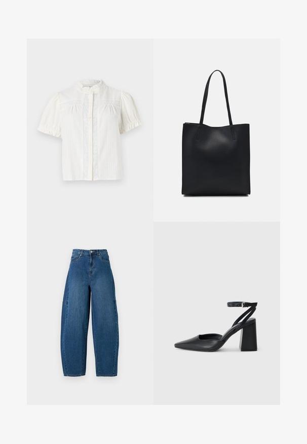 Blusa blanca de manga corta con cuello alto, tapeta de botones y patrón de rayas verticales con detalles de encaje en la parte frontal.; Jeans de denim en un lavado azul medio, con una cintura alta, corte de pierna ancha y diseño estándar de cinco bolsillos con detalles de costura visibles.; Zapato de tacón puntiagudo de cuero negro con tira en el tobillo y tacón ancho. Textura plana, diseño elegante y estética minimalista.; Bolso tote de cuero negro con textura lisa, forma rectangular y dos asas largas. Sin herrajes ni adornos visibles.