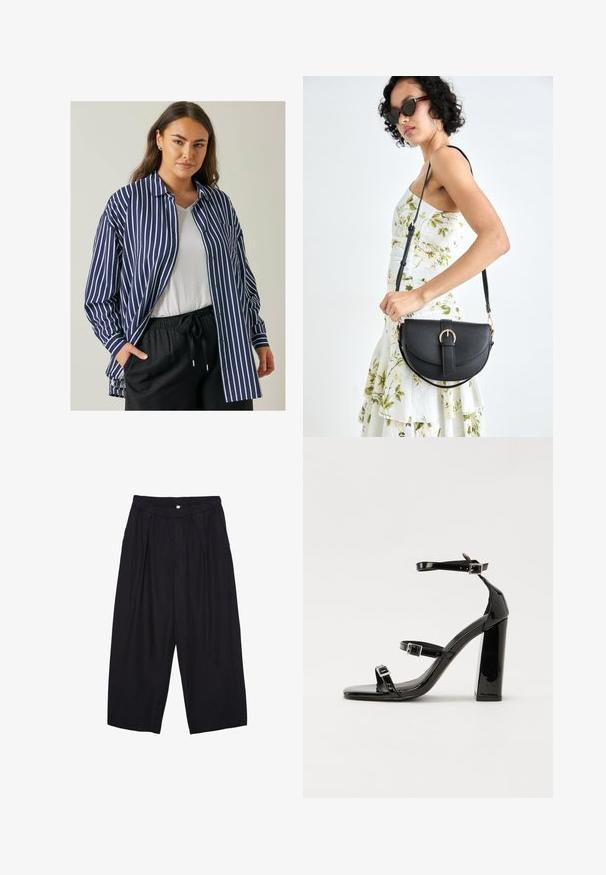 Camicia a righe blu navy e bianca con collo a camicia e vestibilità rilassata, dotata di tasca sul petto e maniche lunghe, indossata sopra una maglietta bianca.; Pantaloni culotte neri in poliestere con una cintura elastica, due pieghe frontali e una silhouette ampia. Nessun motivo visibile o dettagli in metallo.; Sandali con tacco in vernice nera, con punta squadrata, cinturini alla caviglia e fibbie in argento. Presentano un tacco a blocco spesso per maggiore stabilità.; Borsa a tracolla nera in pelle con una forma curva, manico rimovibile e accessori dorati. La borsa presenta una patta con un dettaglio a fibbia.