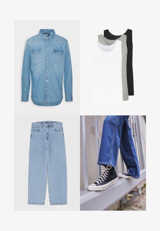 Svetlomodrá denimová košeľa s dlhými rukávmi, špicatým golierom a dvoma náprsními vreckami. Obsahuje zapínanie na gombíky a zakrivený lem.; Tričko bez rukávov v bielej, šedej a čiernej farbe. Každé má klasický dizajn bez rukávov, vyrobené z ľahkej bavlnenej tkaniny s rebrovanou textúrou.; Svetlomodré denimové džínsy s rovnými nohavicami, s polovysokým pásom, piatimi vreckami a zapínaním na gombík a zips.; Čierne vysoké tenisky s bielou podrážkou a šnúrkami, kombinované so voľnými modrými riflami, položené na sivej zábradlí.