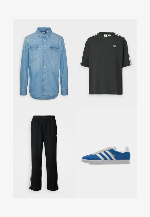 Šviesiai mėlyna džinsinė marškinė su ilgomis rankovėmis, smailiu apykakle ir dviem krūtinės kišenėmis. Rankenos su mygtukų uždarymu ir kreivu apdailos kraštu.; Juoda medvilninė trumpų rankovių marškinėliai su apvalia apykakle ir trimis baltomis juostelėmis ant pečių. Priekyje yra mažas baltas logotipas.; Juodi sportiniai keliai su elastingu juosmeniu, su baltais šonais ir mažu logotipu. Atrodo, kad medžiaga yra minkšta ir lengva.; adidas Originals ADIDAS GAZELLE SHOES - Salės futbolo bateliai - real madrid/bluebird/footwear white/crew yellow