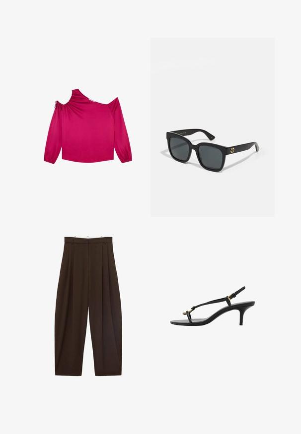 Scalpers LUX - Blouse - bouganville; Bruine high-waisted broek met plooien, gemaakt van soepel materiaal. Loose fit, rechte pijpen, met riemlussen en een ritsluiting.; Zwarte leren kitten heel sandaal met dunne banden, gouden gesp en minimalistische teenlus op een witte achtergrond.; Zwarte zonnebril met rechthoekige lenzen, voorzien van een glanzende afwerking en gouden logo-accentraties op de pootjes. Donkergrijze lenzen bieden UV-bescherming.; Zwarte leren schoudertas met een gladde textuur, gebogen vorm en verstelbare hengel. Heeft minimale stiksels en een eenvoudig ontwerp.