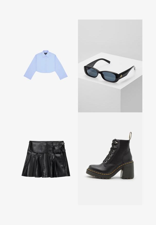 Cropped long-sleeve shirt in light blue fabric, featuring a classic collar, button-up front, and a small logo on the left chest.; Black leather skirt with pleats, wide waistband, and two buckle accents on the side. Smooth texture with a glossy finish.; Black leather ankle boot featuring a chunky high heel, lace-up front, metal eyelets, and yellow stitching along the sole. Textured rubber outsole.; Black rectangular sunglasses with tinted blue lenses, thick frames, and a gold circular accent on the side. Sleek, shiny finish.; Burgundy handbag made of synthetic material with a structured design, featuring a detachable strap and a floral-patterned scarf tied to the handle.