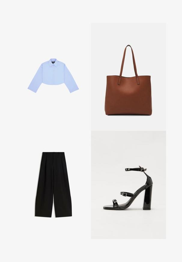 Przycięta koszula z długim rękawem w jasnoniebieskim kolorze, z klasycznym kołnierzykiem, zapięciem na guziki z przodu oraz małym logo na lewej piersi.; Czarne spodnie szerokie z gładkiego materiału, z wysokim stanem, plisami z przodu i bez widocznych ozdób czy wzorów.; Czarne lakierowane sandały na wysokim obcasie, z dwoma paskami zapinanymi na klamry, kwadratowy nosek i masywny obcas typu słupek, o gładkiej, błyszczącej fakturze.; Brązowa skórzana torba tote o gładkiej fakturze, z otwartym wierzchem i dwoma ramiączkami. Charakteryzuje się minimalnym przeszyciem i brakiem widocznych elementów metalowych.