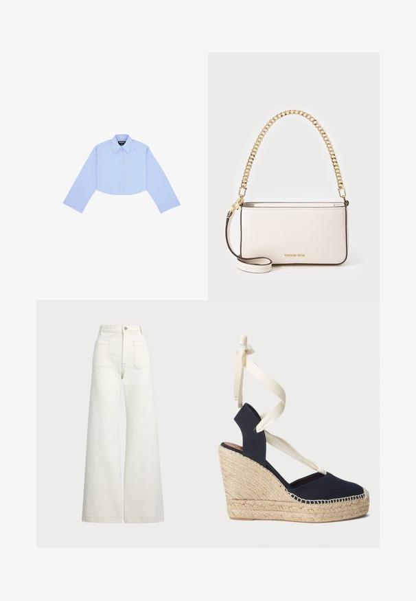 Camisa de manga larga recortada en tela azul claro, con un collar clásico, cierre de botones en la parte delantera y un pequeño logo en el lado izquierdo del pecho.; Jeans de pierna ancha en denim color blanco roto. Diseño de cintura alta con cierre de botón, dos bolsillos frontales y detalles de costura en contraste.; Sandalia cuña de lona azul marino con suela de esparto y cintas de crema atadas al tobillo. Diseño de talón cerrado y puntera redonda.; Bolso de mano de piel blanca con un acabado texturizado, que cuenta con una correa de cadena dorada y una correa de hombro desmontable. Logotipo en relieve en la parte frontal.