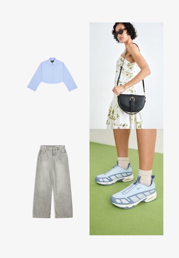 Przycięta koszula z długim rękawem w jasnoniebieskim kolorze, z klasycznym kołnierzykiem, zapięciem na guziki z przodu oraz małym logo na lewej piersi.; Jasnoszare dżinsy o szerokich nogawkach i wysokim stanie, z pięcioma kieszeniami, zasuwane na zamek i delikatnie wyblakłe. Wykonane z denimu o gładkiej teksturze.; Jasnoniebieskie buty sportowe z białymi akcentami, teksturowanymi panelami i zapięciem na zamek. Oferują widoczną podeszwę z amortyzacją powietrzną oraz gumową podeszwę.; Czarna skórzana torebka o zakrzywionym kształcie, z odpinanym paskiem i złotymi akcentami. Torebka posiada klapę z zapięciem w kształcie klamry.