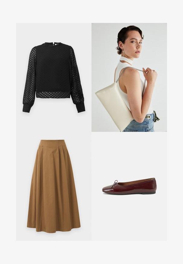 Sort langærmet top med et tekstureret zigzag-mønster, høj halsudskæring og gennemsigtige ærmer. Har en åbning med nøglehul i ryggen og tætsiddende manchetter.; Brun bomulds A-linjeet nederdel med høj talje, præget af læg foran og en glat tekstur. Endeafslutningerne er enkle og rene.; Bordeaux patentlæder balletflad med rund tå, lille sløjfeaccent foran og en lav, sort gummisål. Glat tekstur.; Hvid rektangulær clutch-taske lavet af skinnende materiale, med en sølv kædetransport. Modellen poser, mens hun fremviser tasken mod en ensfarvet baggrund.