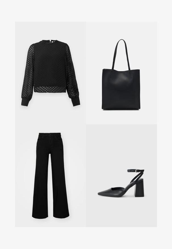 Cămașă lungă cu mâneci negre, cu un model texturat în zigzag, guler înalt și mâneci transparente. Prezintă o deschidere în formă de cheie la spate și manșete ajustate.; Pantaloni negri cu picioare largi, din denim, cu un brau structurat, bucle pentru curea și buzunare frontale. Textură netedă, cu un design clasic.; Pantofii cu toc ascuțit din piele neagră, cu breteaua pentru glezne și toc gros. Textură netedă, design elegant și estetică minimală.; Geantă tote neagră din piele, cu textură netedă, formă rectangulară și două mânere lungi. Fără hardware vizibil sau ornamente.