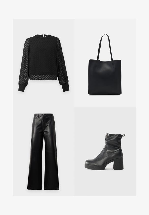 Črn dolg rokav majica z teksturirano zigzag vzorcem, visokim ovratnikom in prozornimi rokavi. Ima odprtino na hrbtni strani v obliki ključavnice ter oprijete manšete.; Črne široke hlače iz umetnega usnja z visokim pasom, sprednjim gumbom, zadrgo, zanke za pas in stranskimi žepi na beli podlagi.; Črne gležnjarje iz gladke kože z božnim zadrgo, masivnim teksturiranim peto in zaobljeno obliko prstov.; Črna usnjena torba s svilnato teksturo, pravokotne oblike in dvema dolgima ročajema. Brez vidnih metalnih delov ali okrasnih elementov.