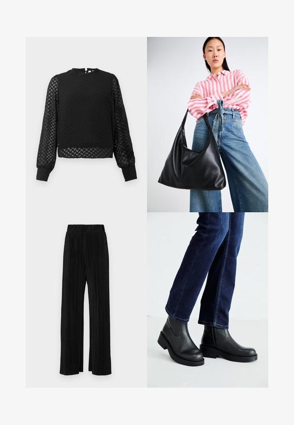 Black long-sleeve top with a textured zigzag pattern, high neckline, and sheer sleeves. Features a back keyhole opening and fitted cuffs.; Black pleated trousers with an elastic waistband. Features wide legs and a smooth, textured fabric with vertical stripes.; Black leather ankle boots with a chunky sole and side elastic panels, paired with dark blue jeans. The ground is light-colored.; Black leather shoulder bag with a slouchy shape and seam details. Model wears a pink and white striped shirt with wide-leg blue jeans.
