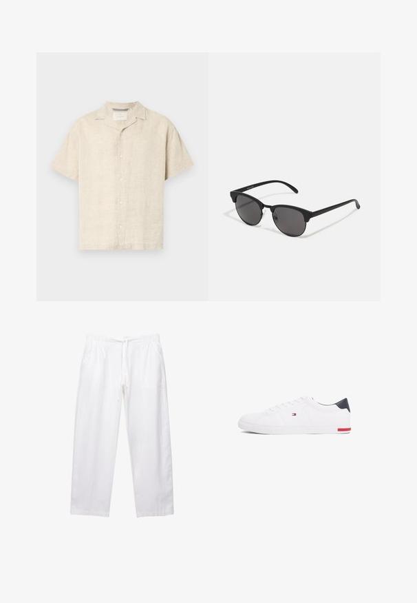 Lichtbeige korte mouwen overhemd met knopen, gemaakt van linnen, met een camp collar, strakke lijnen en een subtiele textuur, met vijf knopen aan de voorkant.; Witte, loszittende broek gemaakt van lichtgewicht stof. Voorzien van een elastische tailleband met een koord en twee zijzakken.; Witte lage sneakers gemaakt van glad leer. Beschikt over een marineblauwe hielkap en een rode accent op de zool. Zes oogjes voor veters.; Zwarte zonnebril met ronde lenzen, matte afwerking en een kenmerkende cat-eye vorm. Slanke armen met subtiele branding op de linkertempel.