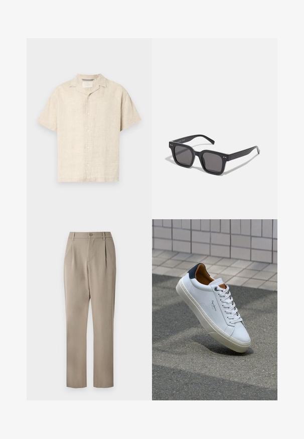 Kerge beež lühikeste varrukate ja nööbiga särk, mis on valmistatud linast, omab laagri kraed, puhtaid jooni ja peent tekstuuri, viis nööpi ees.; Khaki püksid sirge säärega disainiga, millel on nuppude sulgemine ja volditud eesosa. Valmistatud siledast kangast, millel on mati viimistluse.; Valge nahast tennis, millel on tumesinine konts, ümmargune nina ja kontrastsed pruuni aktsendid. Omab lamepaelti ja tekstureeritud kummist tallat.; Mustad mustan värvi päikeseprillid tumedate läätsedega, pakse raami, diskreetsete detailidega külgedel ning ilma nähtavate logota, peale brändinime.; Hõbedane roostevabast terasest kvarts kell musta ristküliku kujulise näoga, millel on analoognõjad, digitaalelektrooniline kuva ja vee vastupanu silt.