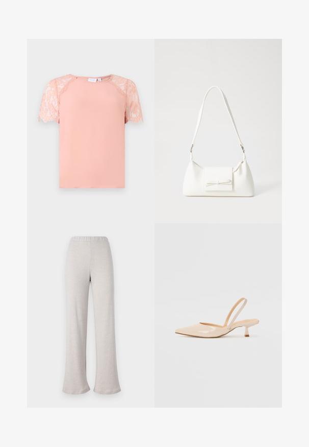 Short-sleeve top in soft peach fabric, featuring lace accents on sleeves with a round neckline and a relaxed fit. Smooth texture.; Light beige flared pants made from textured fabric, featuring an elastic waistband and wide leg design, suitable for casual wear.; Beige patent leather slingback heels with pointed toe and a slim, square heel. Smooth texture and minimalist design with no embellishments.; White synthetic handbag with a triangular shape, flat front flap and bow detail, adjustable strap, smooth texture, and minimalistic design.