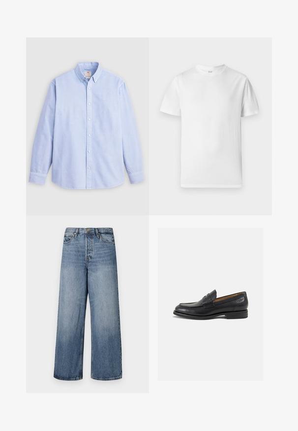 Lichtblauw overhemd met lange mouwen, gemaakt van katoen, met een klassieke kraag en subtiele geborduurde merknaam op de linkerkant van de borst.; Witte T-shirt met korte mouwen van zacht katoen. Heeft een ronde halslijn en een rechte zoom met minimale details.; Wijde blauwe denim jeans met een vervaagde was, vijf zakken en een knoopsluiting. Voorzien van riemlussen en gestikte details.; Zwarte leren loafers met een gladde afwerking, ronde neus en decoratieve stiksels op de wreef. Lage gestapelde hak en een lichte glans.