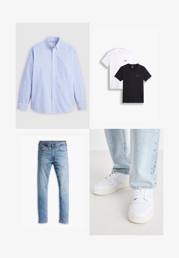 Chemise à manches longues bleu clair, en coton, avec un col classique et une broderie de marque discrète sur la poitrine gauche.; Deux t-shirts à manches courtes : un blanc et un noir. Tous deux en coton avec un logo rouge de Levi's sur la poitrine. Design simple à col rond.; Jean en denim bleu clair avec une coupe droite, cinq poches, fermeture à bouton, et une légère décoloration sur le tissu.; Baskets basses en cuir blanc avec un bout perforé, des lacets plats et un design minimaliste. Associées à un jean en denim bleu clair.