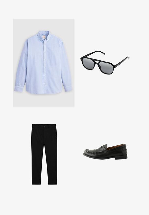 Helles blaues langärmeliges Hemd mit Knopfverschluss aus Baumwolle, das einen klassischen Kragen und dezente Markenstickerei auf der linken Brust trägt.; Weiße Baumwoll-Tanktops, ärmelloses Design, runder Ausschnitt, schlichte Textur, aus einem weichen, leichten Stoff. Zwei Stücke ausgestellt.; Schwarze maßgeschneiderte Hosen mit Knopfverschluss, Gürtelschlaufen und schmalem, geradem Bein, auf einem weißen Hintergrund präsentiert.; Schwarze Lederloafers mit glatter Oberfläche, abgerundetem Zehenbereich, handgestochener Detailarbeit und einer niedrigen Gummisohle. Klassisches und vielseitiges Design.; Schwarze Sonnenbrille mit rechteckigen Rahmen, grauen getönten Gläsern und einer Aussparung im Nasensteg. Schlanker, glänzender Kunststoff, mit schmalen Bügeln.