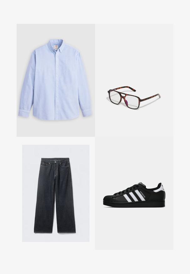 Světle modrá košile s dlouhým rukávem na knoflíky vyrobená z bavlny, s klasickým límcem a jemným vyšívaným logem na levé hrudi.; Tmavě modré džíny s širokými nohavicemi a vysokým pasem, s měděnými nýty a kontrastním prošíváním, hladkou texturou a bez viditelných vzorů.; Černé tenisky Adidas Superstar se bílými pruhy, špičkou ve tvaru skořápky a textem "Superstar" na boku, zobrazené v bočním profilu na bílém pozadí.; Brýlové obruby s želvovinovým vzorem a obdélníkovými čočkami, černé a oranžové rámy, s lesklým povrchem a štíhlými nožičkami.