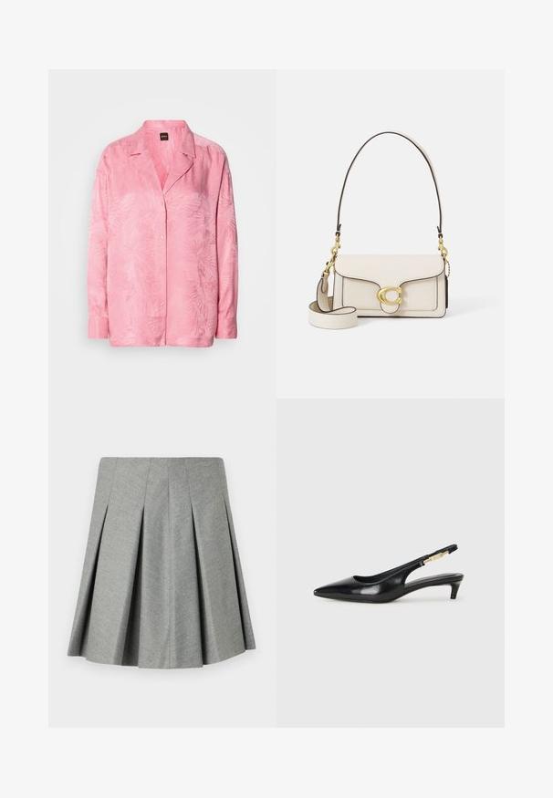 Heledamine roosa nööpidega särk, millel on diskreetne palmilehe muster. Valmistatud siledast kangast, millel on lõdvestatud istuvus ja klassikaline kraedikaan.; Kortsukeldud hall seelik, mis on valmistatud tekstuuriga kangast, omades sobivat vöökohta ja laiendatud disaini. Ilma nähtavate riistade või aktsentideta.; Mustad nahast slingback kontsad terava ninaga, millel on õhuke konts ja kuldse tooni aktsent reguleeritaval rihmal. Sile tekstuur.; Kreem värvi nahk kõige tugevama disainiga käsitasku, kontrastsete mustade ääride, kuldsete metallist detailide ja eemaldatava rihmaga, millel on allkirja logo.