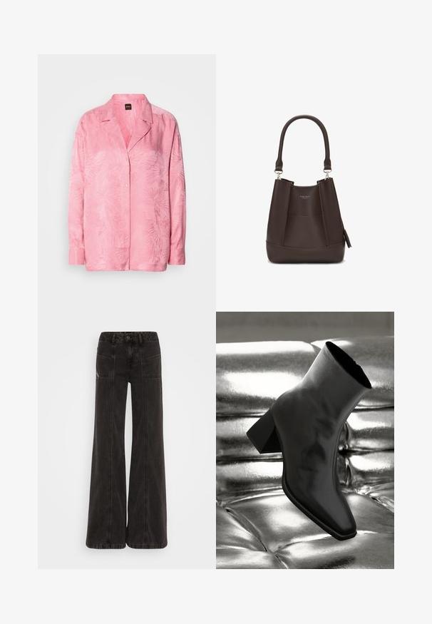 Cămașă roz deschis cu nasturi, cu un model subtil de frunze de palmier. Fabricată dintr-un material neted, cu o croială lejeră și un design clasic al gulerului.; Jeans negri cu picior larg, din denim, având talie înaltă, buzunare frontale și cusături tonale de-a lungul cusăturilor.; Cizme negre până la gleznă, realizate dintr-un material lucios, cu vârf pătrat și toc conic, plasate pe un fundal strălucitor de argint, cu un model tuftat.; Carlheim ADALINE - Geantă de mână - brown