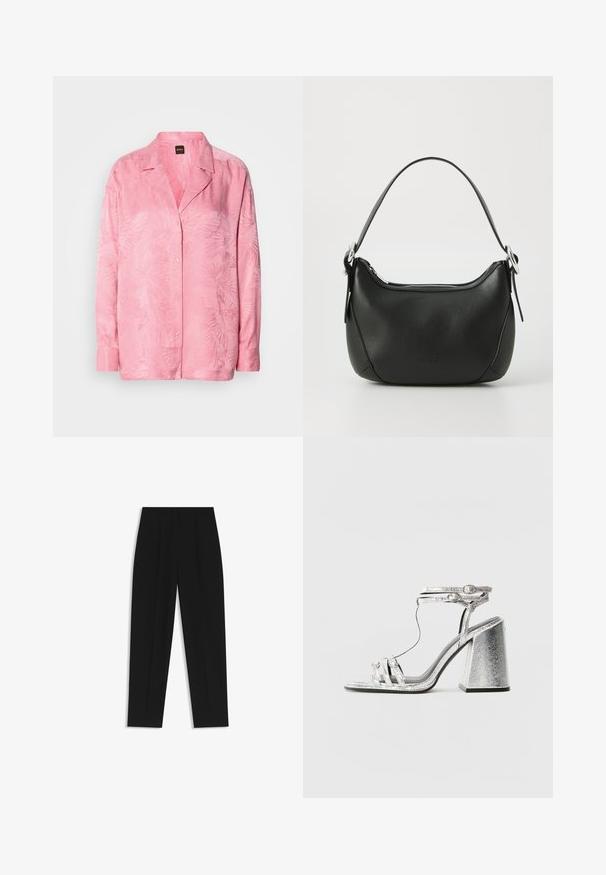 Light pink button-up shirt featuring a subtle palm leaf pattern. Made of a smooth fabric with a relaxed fit and classic collar design.; Black trousers with a straight fit, featuring double pleats, a smooth texture, and a classic waistband design. No visible hardware or accents.; Silver heeled sandal with a block heel, featuring thin straps and an ankle buckle. The material has a metallic finish with a textured appearance.; Black leather handbag with a curved shape, silver zipper, and a short handle. Features a subtle logo on the front and smooth texture.