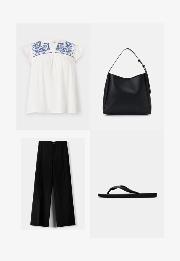 Witte cropped top met korte mouwen en blauwe bloemige borduursels op de halslijn, voorzien van plooien voor volume en zachte gerimpelde mouwen. Casual, lichtgewicht stof.; Zwarte wijde broek van lichtgewicht stof, met een knoopsluiting aan de voorkant en een vlakke achterkant, afgewerkt met keurig gestikte zoom.; Zwarte rubberen flip-flop sandaal met een getextureerde strap en een eenvoudige platte zool, zijaanzicht op een effen lichte achtergrond.; Zwarte leren hobo tas met een enkele schouderriem, gladde textuur, taps toelopende bovenkant en minimalistisch ontwerp zonder zichtbare hardware.
