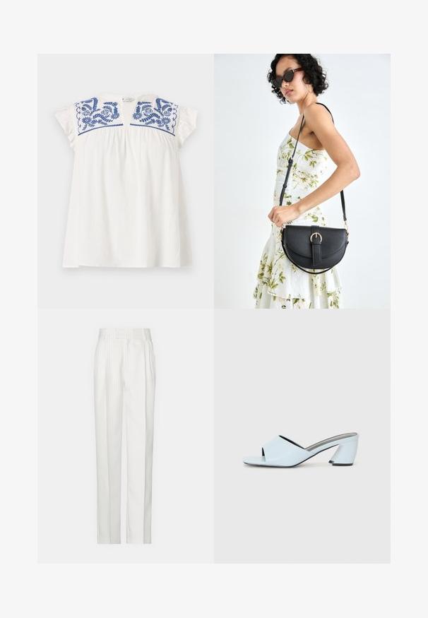 Balts īsām piedurknēm tops ar zilu ziedu izšuvumu uz kakla, ar plecu lietošanu un mīkstām viļņotām piedurknēm. Ikdienišķs, viegls audums.; Baltas svītrainas bikses ar taisnu kāju dizainu, izgatavotas no viegla auduma. Priekšpusē ir bārkstis un tradicionālā josta.; Gaiši zilas atvērtā purngala papēžu mūlas ar ģeometrisku dizainu, kas ietver platu siksnu pāri pēdai un masīvu, stūrainu papēdi.; Melnas ādas rokassoma ar izliekta formu, noņemamu siksnu un zelta aksesuāriem. Somai ir vāciņš ar sprādzes detaļu.