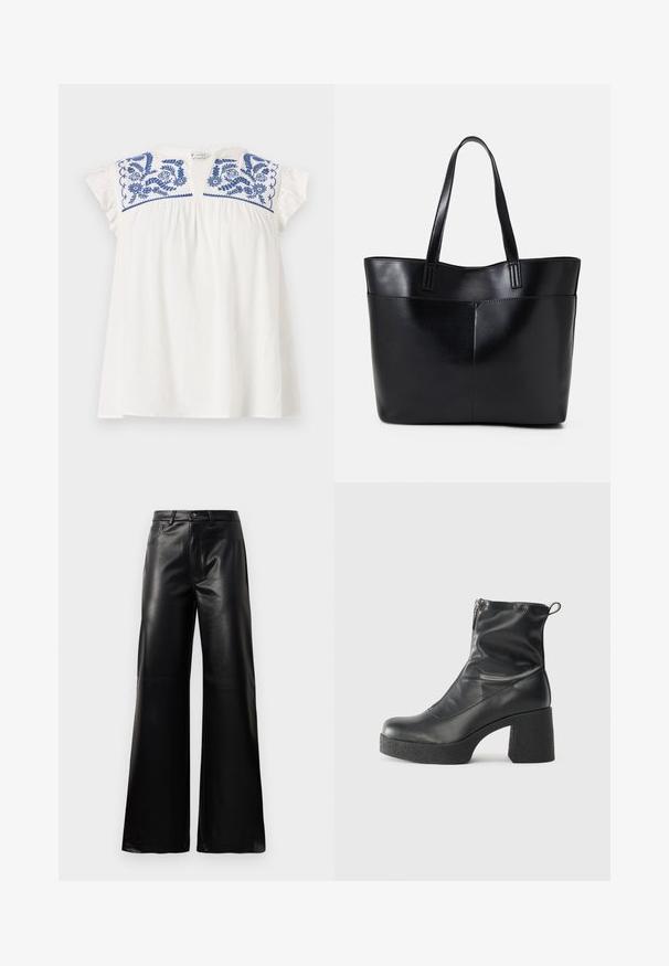 White short-sleeve top with blue floral embroidery at the yoke, featuring pleats for volume and soft ruffled sleeves. Casual, lightweight fabric.; Black high-waist wide-leg faux leather pants with front button, zip closure, belt loops, and side pockets on white background.; Black ankle boots made of smooth leather, featuring a side zipper, chunky textured heel, and rounded toe design.; Black leather tote bag with two long handles, a smooth texture, and a structured shape. Features a front pocket for additional storage.