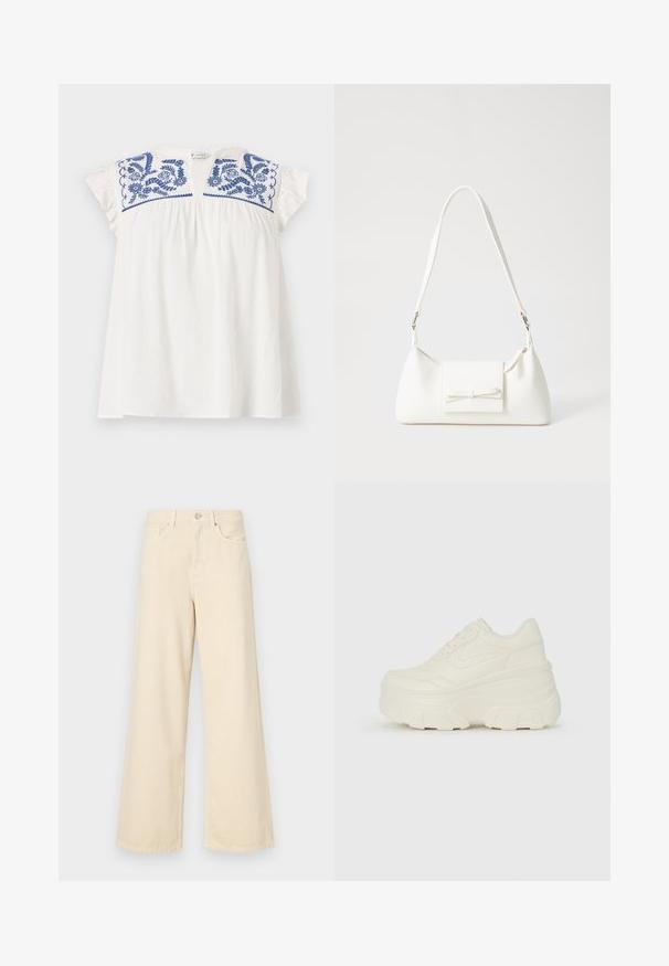 Top alb cu mâneci scurte și broderie florală albastră la umeri, având pliuri pentru volum și mâneci cu volane moi. Material ușor, casual.; Blugi bej cu croi larg, din bumbac. Au închidere cu nasture, bucle pentru curea și buzunare frontale, cu o textură netedă și moale.; Adidași platformă albi, cu un superior neted asemănător cu pielea, formă rotunjită, guler căptușit și talpă din cauciuc texturată cu borduri bine definite.; Geantă sintetică albă, cu formă triangulară, capac frontal plat și detaliu cu fundă, curea ajustabilă, textură netedă și design minimalist.