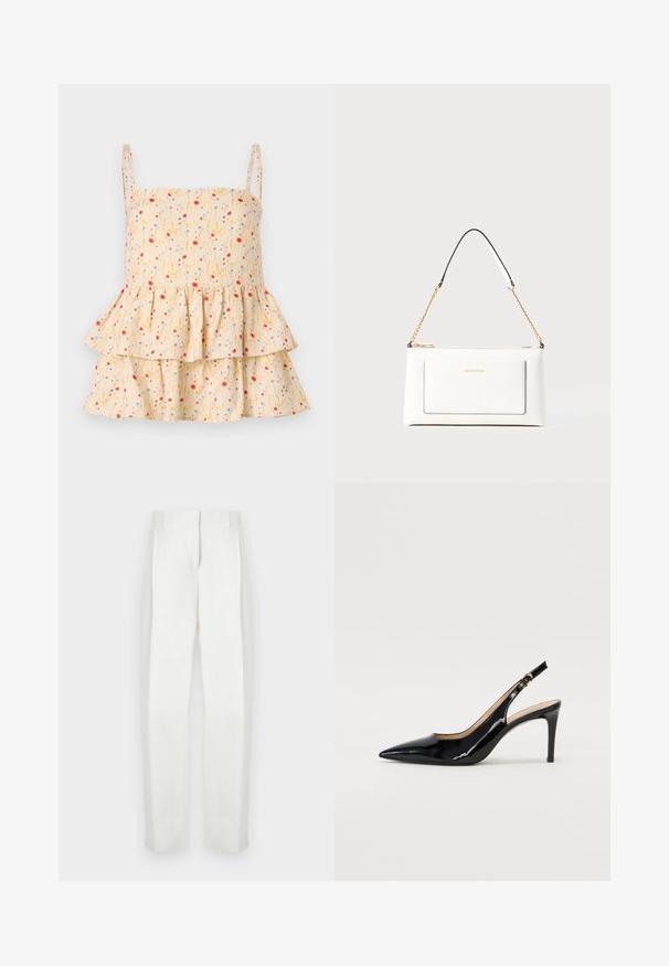 Helmstedt ELLIE - Palaidinė - cornflower; Paul Smith Kelnės - white; Juodas lakinės odos slingback batelis su smailiu nosiu, plonu kulnu ir subtiliu išpjovos dizainu. Yra auksinė sagtis ant dirželio.; Balta odinė rankinė su tekstūruotu paviršiumi, turinti auksinį grandinėlės dirželį ir juodas detales. Įskaičiuota priekinė kišenė ir užtrauktuko uždarymas.